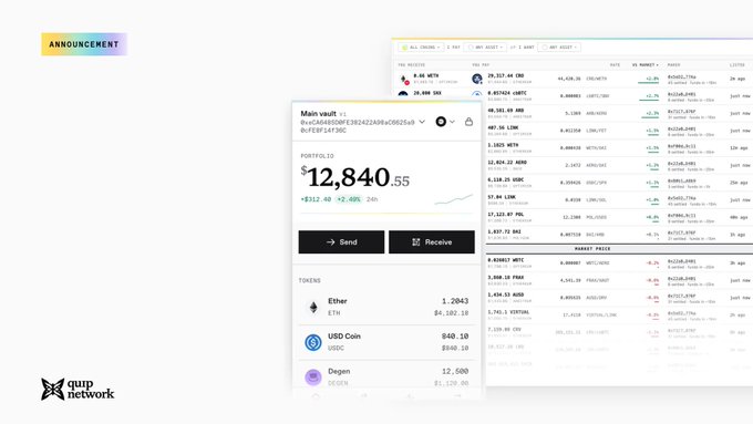 A cryptocurrency wallet interface displaying an 'ANNOUNCEMENT', a main vault balance of '12,840.55' ($112.48, +2.49%), and tokens including Ether (ETH), USD Coin (USDC), and Degen (DEGEN) on the qanp network platform.