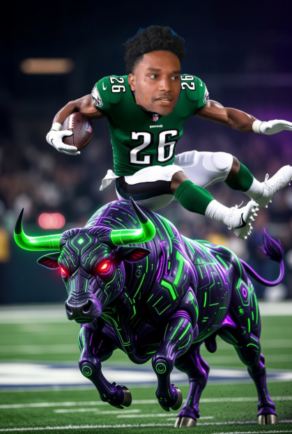 A football player wearing a Philadelphia Eagles jersey with the number "26" is shown leaping over a neon purple and green mechanical bull on the field. The image plays on the "$ANSEM MODE" post by pairing a high-energy sports moment with a stylized bull, evoking a "bullish" crypto/meme stock hype vibe.