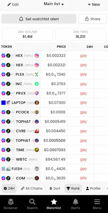 A cryptocurrency watchlist app screenshot showing tokens like HEX, PLSX, INC, PRVX, LAPTOP, and WBTC with their prices and 24H liquidity.