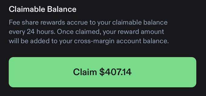 A screenshot of a "Claimable Balance" interface showing a green "Claim $407.14" button, illustrating the daily fee share rewards being withdrawn from Phoenix Trade that the user mentions in their post about grinding over the weekend while others are away.