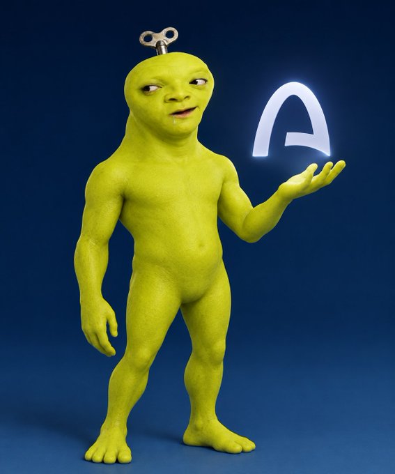 A 3D rendered green alien-like figure with a wind-up key on its head, holding a glowing white, glowing shape over its hand against a dark blue background.