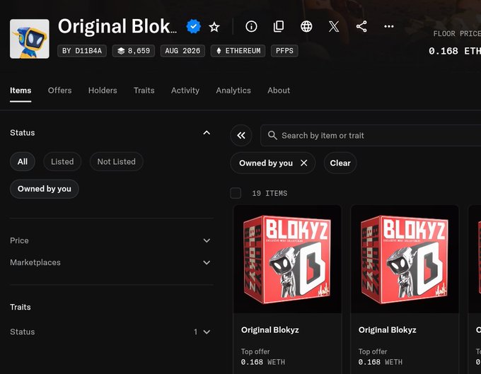 A user proudly displays ownership of 19 "Original Blokyz" NFTs on Ethereum, each with a top offer of 0.168 ETH, showcasing the collection's value and floor price alongside their excitement for the upcoming reveal.