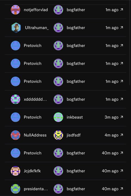 A list of user interactions on a platform, where most recent activity shows several users (including Pretovich, xdddddd, notjefforvlad, and Ultrahuman_) engaging with "bogfather" alongside another set of users (jcjdkfkf, presidenta) also interacting with bogfather, and a single interaction with "inkbeast" and "jisdfsdf"—all within the past hour, suggesting bogfather is a frequently engaged account in discussions about Quotrons.