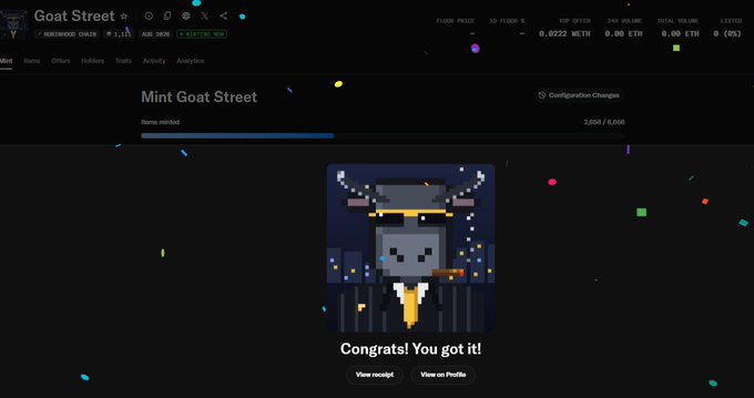 A webpage for 'Goat Street' shows a pixel art goat NFT with a 'Congrats! You got it!' message and 'View receipt' and 'View on ProBit' buttons.