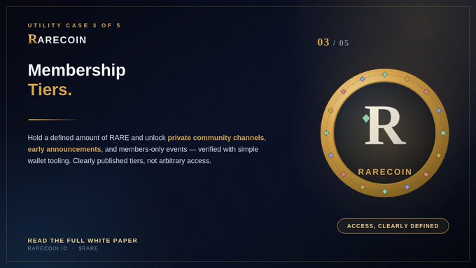 A promotional graphic for 'RARECOIN' titled 'Membership Tiers.' describing holding RARE tokens for access to private community channels, marked as 'UTILITY CASE 3 OF 5' with an 'R' coin illustration.