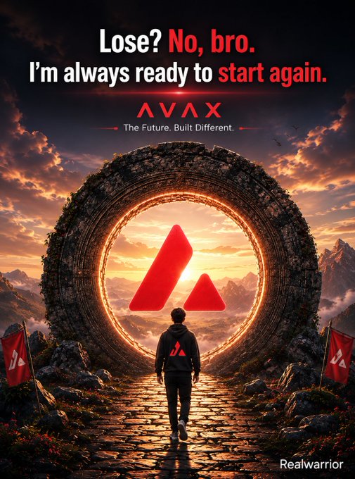 A motivational poster with the text 'Lose? No, bro. I'm always ready to start again' featuring the AVAX (Avalanche) logo and a figure walking through a stone portal.