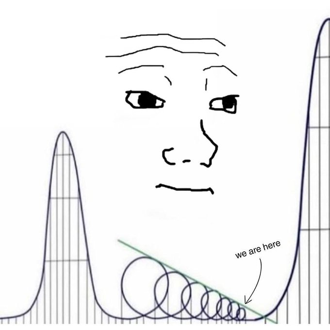 A 'Wojak' meme illustration of a man in a U-shaped valley, with a ball bouncing down the slope and an arrow labeled 'we are here' pointing to it.