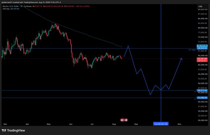 A Bitcoin (BTC/USD) daily candlestick chart from TradingView shows price currently at $63,290.93, with a blue arrow projection predicting a sharp decline to the $45,000–$47,000 support zone around October 6, 2026, before a potential rally. The chart visually supports the post's thesis that October 6th is a key date to watch for a potential bottom and long entry point if price rejects the 200-day moving average and 21 High resistance near $69,000.