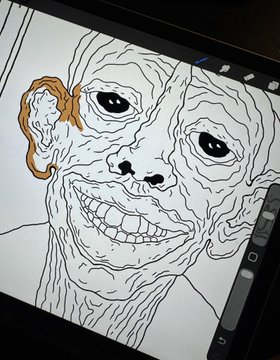 A digital illustration of a smiling, emaciated face with prominent teeth and large dark eyes being drawn on a tablet, with one ear colored brown while the rest remains as a black line drawing.