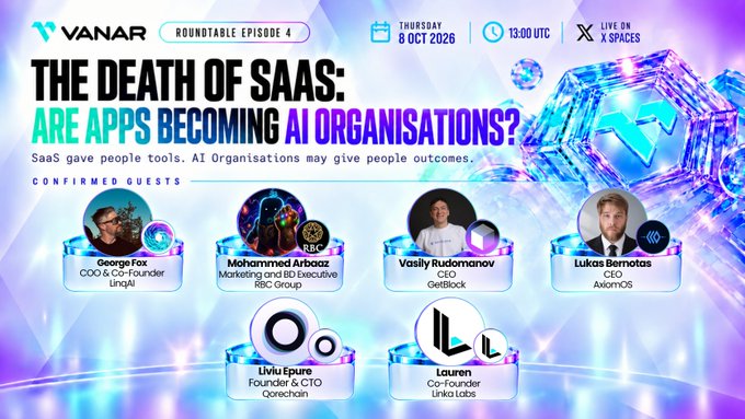 Promotional graphic for 'VANAR Roundtable Episode 4: The Death of SaaS: Are Apps Becoming AI Organisations?' scheduled for Thursday, 8 Oct 2026 at 13:00 UTC on X Spaces, featuring confirmed guests George Fox (LinQAI), Mohammed Arbaaz (RBC Group), Vasily Rudomanov (GetBlock), Lukas Bernotas (AxionOS), Liviu Epure (Qorechain), and Lauren (Linka Labs).