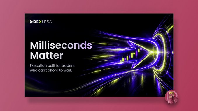 A promotional banner for 'DEXLESS' featuring the tagline 'Milliseconds Matter - Execution built for traders who can't afford to wait,' set against a dark background with vibrant purple and yellow neon light streaks forming an arrow.