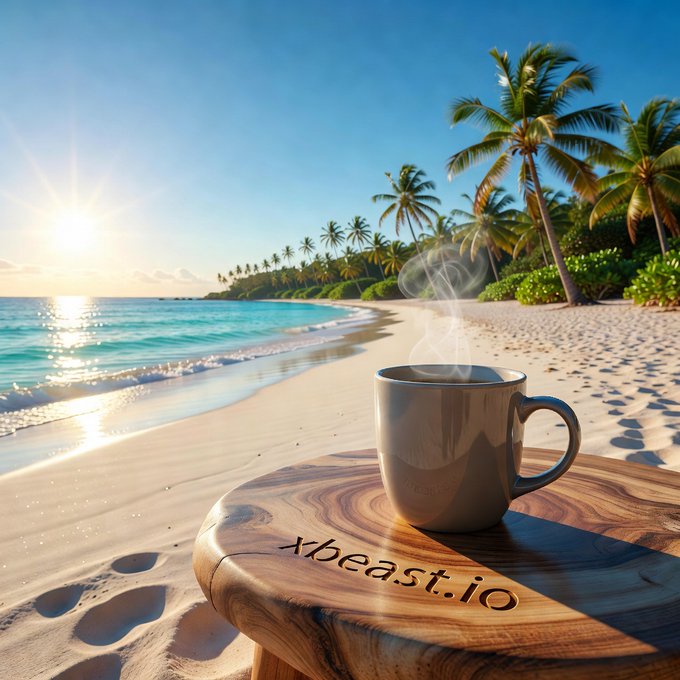 A steaming coffee mug sits on a wooden table engraved with 'xbeast.io' on a tropical beach with palm trees, turquoise water, and a bright sun.