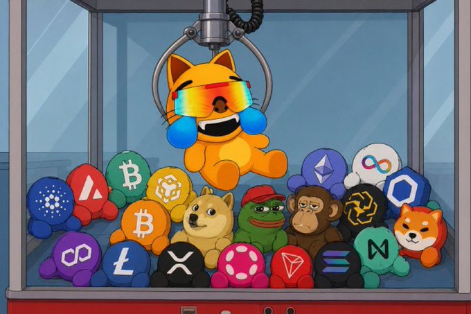 The image features a cartoon cat wearing sunglasses, with its head tilted back as if it's laughing or smiling. The cat is surrounded by various other stuffed animals, including a monkey, a dog, and a bear, all of which are also wearing sunglasses. These stuffed animals appear to be in a playful mood, suggesting that they might have been at an arcade where the cat was recently pulled out of a claw game.

The post about the cat being pulled from the claw game is accompanied by a line of text that reads: "can’t believe I just pulled this mog cat at the local arcade I'm literally shaking rn". This phrase emphasizes the humorous and surprising nature of the situation, as it's not common to see a stuffed animal like a cat being pulled out of an arcade game.
