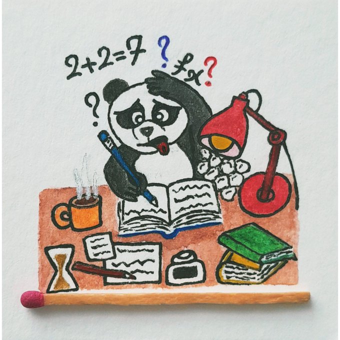 A whimsical hand-drawn illustration on paper of a stressed panda studying at a desk with a lamp, coffee, an hourglass, and crumpled paper, with the thought bubble '2+2=?' and 'fx?' written above.