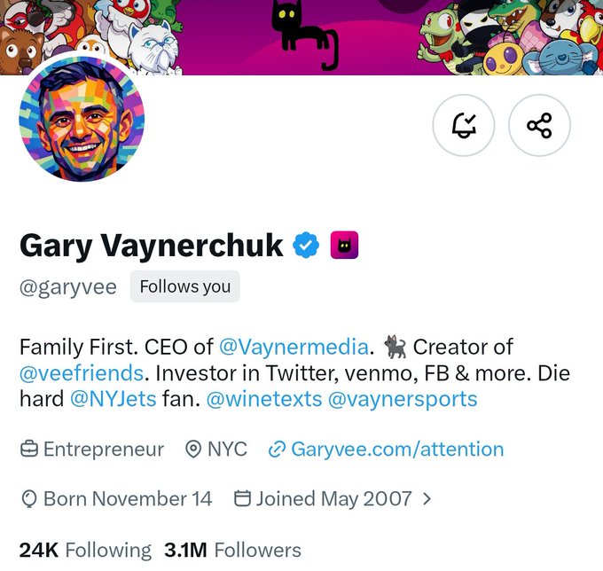 Screenshot of Gary Vaynerchuk's Twitter/X profile showing his username @garyvee, 3.1M followers, and bio listing him as CEO of @Vaynermedia, creator of @veefriends, and investor in Twitter, Venmo, and FB.