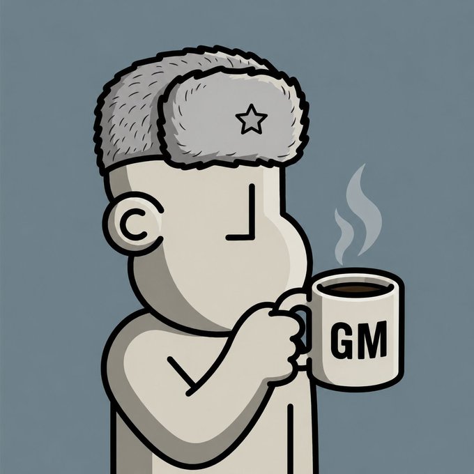 The image features a cartoon character, likely a man or boy, wearing a fur hat and holding a cup of coffee. The caption "Gm @npconchain holder" suggests that this character might be associated with General Motors, possibly as an advertisement mascot or brand symbol.