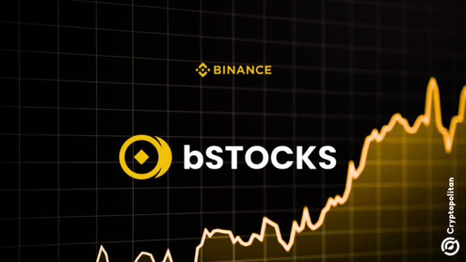 Promotional graphic for Binance bSTOCKS featuring the Binance logo and a yellow stock chart on a black grid background, credited to Cryptopolitan.