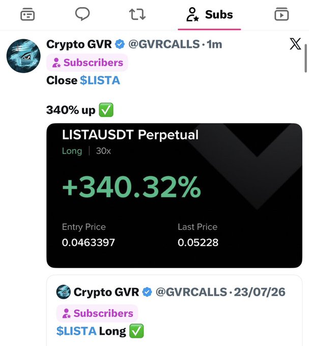 A screenshot of a tweet from Crypto GVR (@GVRCALLS) showing a closed $LISTA perpetual long trade at 30x leverage with a +340.32% gain, marked with green checkmarks, shared to celebrate a winning call for subscribers.