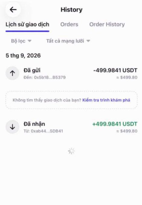 A mobile transaction history screen dated '5 thg 9, 2026' shows an outgoing transfer of -499.9841 USDT (≈ $499.80) to address 0x5b18...85379 and an incoming receipt of +499.9841 USDT from address 0xab44...5DB41.