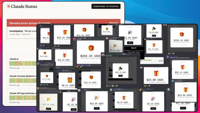 A screenshot showing the Claude Status page with "Elevated errors across all models" alongside a collage of user tweets displaying USDC payouts ranging from $5.97 to $294.35 from MoonPay's PayBox airdrop, illustrating how the promotional campaign overwhelmed Claude's services.