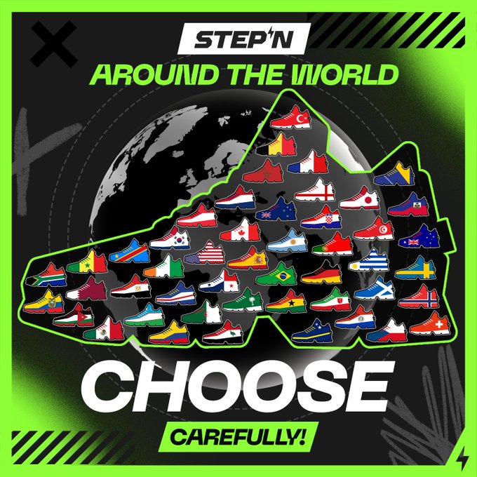 The image features a large map with various countries' flags, including those from the United States, China, Brazil, and many others. The text "StepN" appears multiple times throughout the image, suggesting that this is an advertisement for a sneaker company or brand. The main focus of the image is on the sneakers themselves, as they are displayed in different colors and styles across the map. The caption at the bottom of the image reads: "Kickoff is almost here. Enhance your STEPN Sneakers to receive a randomly assigned country skin and join one of the 48 nations competing this summer. Who are you backing to lift the trophy?" This message encourages people to choose their favorite sneakers from the collection, possibly as part of an advertisement for a sneaker company or brand.