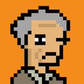 The same pixel art portrait of an older man with grey hair against an orange background.