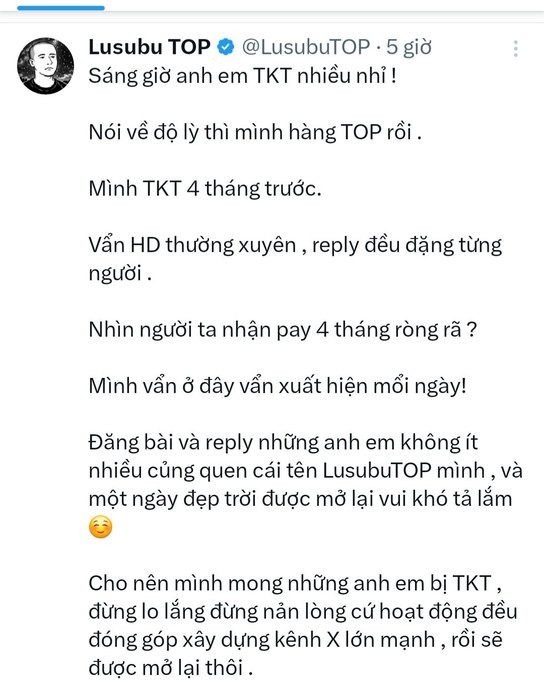 A screenshot of a tweet from Lusubu TOP (@LusubuTOP) written in Vietnamese, addressing TKT (account suspension) concerns and encouraging fellow users to continue contributing to building the X channel.