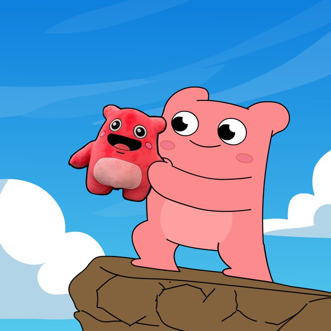 A cartoon illustration shows a pink bear-like character holding a smaller red plush bear while standing on a brown rock against a blue sky with clouds.