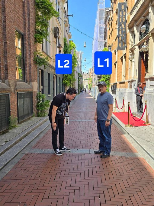 Two men standing on a brick-paved street looking down, with blue speech bubble labels 'L2' and 'L1' pointing to each man, appearing to represent Ethereum blockchain layers.