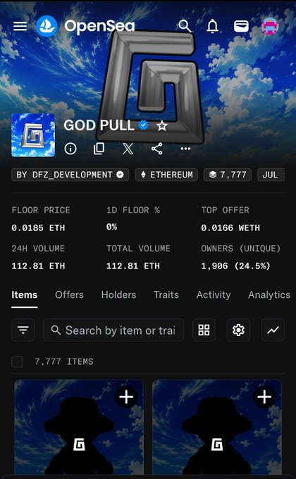 An OpenSea NFT collection page for 'GOD PULL' verified by DFZ_DEVELOPMENT on Ethereum, showing a floor price of 0.0185 ETH and 7,777 items.