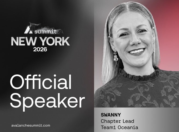 Promotional graphic for Avalanche Summit New York 2026 featuring Swanny, Chapter Lead of Team1 Oceania, as an Official Speaker.