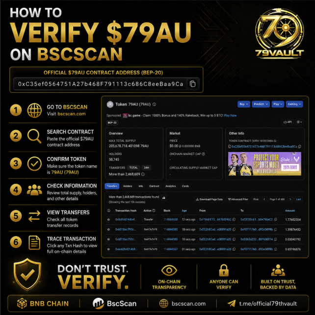 A 'HOW TO VERIFY $79AU ON BSCSCAN' infographic listing the contract address 0xC35ef0564751A27b468F79113c686C8eeBaa9Ca and showing token details for '79AU' on BscScan.