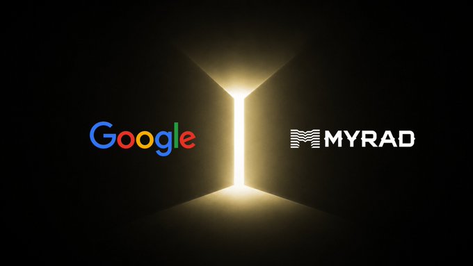 A dramatic graphic showing the Google logo on the left and MYRAD logo on the right, illuminated by a bright central light burst against a dark background.