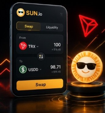A promotional graphic for 'SUN.io' showing a cryptocurrency swap interface from TRX to USDD, featuring a sun mascot with sunglasses and the TRON logo in the background.