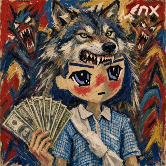 An expressive painting featuring a character with a wolf head mask and an anime-style face holding a fan of US dollar bills, with snarling wolves in the red and blue background and 'WENX' text in the corner.