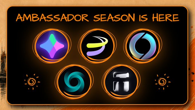 A promotional graphic with the bold orange text "AMBASSADOR SEASON IS HERE" displayed across the top, featuring five circular icons representing different Web3 ambassador programs—including MapleStory Universe and Rayls Labs—arranged on a black background with decorative spiral accents, illustrating the recently launched creator and builder opportunities highlighted in the post.