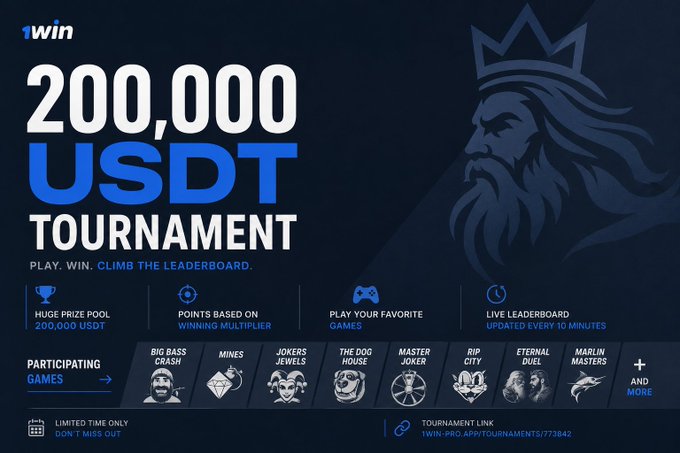 A promotional banner for 1win's 200,000 USDT Tournament, featuring a crowned lion mascot and listing participating games including Big Bass Crash, Mines, Joker Jewels, The Dog House, Master Joker, Rip City, Eternal Duel, and Marlin Masters. The banner highlights a "huge prize pool," points based on winning multiplier, play-your-favorite-games format, and live leaderboard, aligning with the caption's explanation of the multiplier-based scoring system.