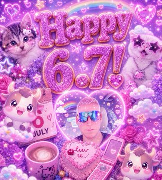 A pink and purple glittery graphic reads 'Happy 671' with 'JULY' and 'Live u,' featuring a man's photo, cats, unicorns, and other whimsical decorations.