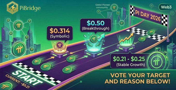 A graphic from "PiBridge" titled "PI DAY 2026" illustrates a race-track progression showing Pi Coin's potential price journey, starting from a current $0.21, passing through symbolic levels of $0.314 and a $0.50 breakthrough, toward a stable growth target of "$0.21 - $0.25," inviting the Web3 community to vote on their future price predictions like $10, $100, $1,000, or $314,159.