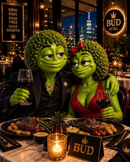 An AI-generated image showing two green anthropomorphic cannabis bud characters dining at an upscale restaurant, both wearing 'BUD' necklaces and holding wine glasses, with framed text on the wall reading 'GOOD BUDS GOOD VIBES GOOD GROWTH'.