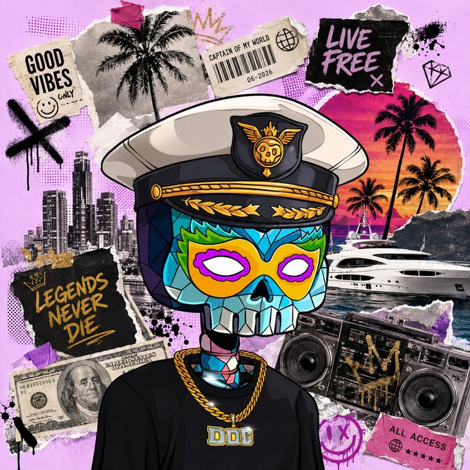 A vibrant collage-style NFT artwork featuring a stylized figure with a blue skull face, wearing a captain's hat and gold "DDF" chain, surrounded by tropical imagery, cityscapes, a yacht, money, and text like "LIVE FREE," "LEGENDS NEVER DIE," and "ALL ACCESS."