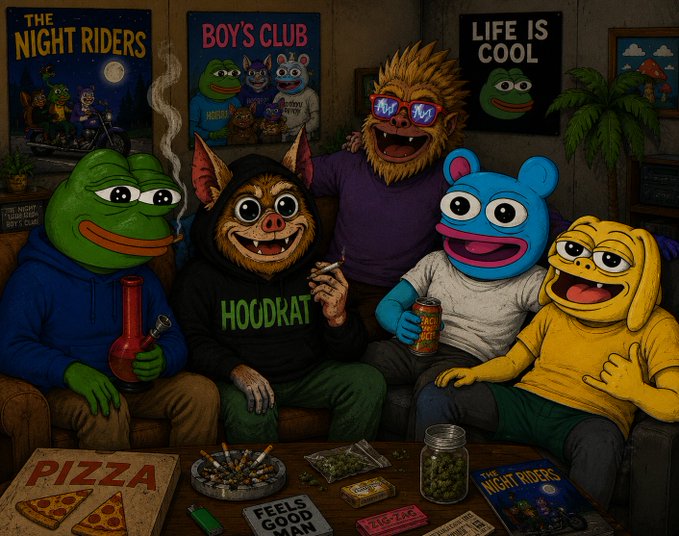 A cartoon parody titled 'THE NIGHT RIDERS' featuring Pepe the Frog characters and other internet mascots (Hoodrat, Gummy Bear, etc.) in hoodies, smoking, with pizza, beer, and cannabis on a table, with posters reading 'THE NIGHT RIDERS,' 'BOY'S CLUB,' and 'LIFE IS COOL.'