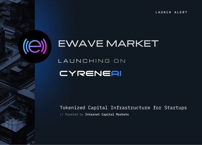 A launch alert promotional graphic announcing "EWAVE MARKET" is launching on "CYRENE AI," described as "Tokenized Capital Infrastructure for Startups" and "Powered by Internet Capital Markets." The image features a stylized "e" logo with wave-like signal lines, reinforcing the brand's identity, and complements the post's message about Ewave Market simplifying Web3 entry by signaling its upcoming launch.