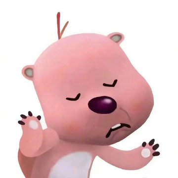 A 3D-rendered pink cartoon creature with a tuft of hair, closed eyes, and an awkward grimacing expression holds up its paws.