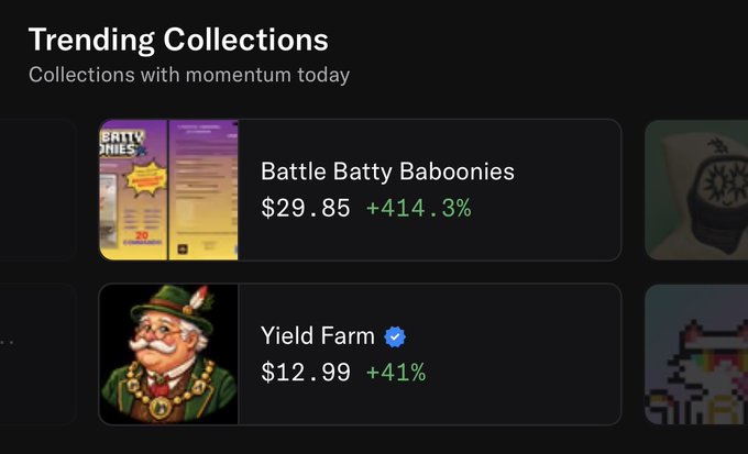 A screenshot displays 'Trending Collections' with 'Battle Batty Baboonies' at $29.85 (+414.3%) and 'Yield Farm' at $12.99 (+41%).