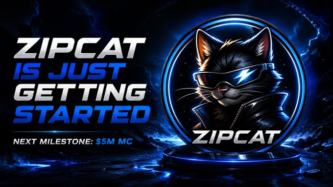 Promotional graphic for 'ZIPCAT' featuring a cat wearing glowing sunglasses, with the text 'ZIPCAT IS JUST GETTING STARTED' and 'NEXT MILESTONE: $5M MC'.