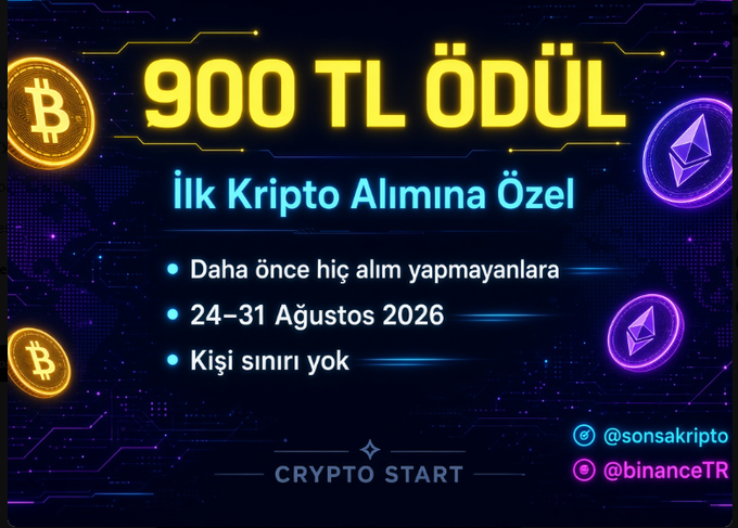 A promotional graphic announcing '900 TL ÖDÜL' (900 TL Reward) for first crypto purchase, valid August 24-31, 2026, with no person limit, by @sonsakripto and @binanceTR.