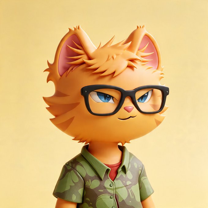 A 3D rendered cartoon character features an orange cat-like head with blue eyes, black glasses, and a green camouflage shirt against a yellow background.