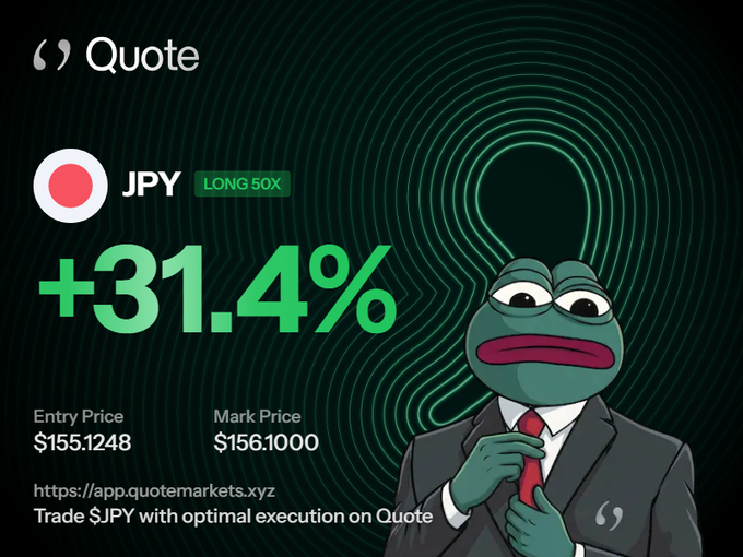 A promotional graphic from 'Quote' featuring a sad-looking Pepe the Frog in a suit, showing a JPY LONG 50X trade with a +31.4% return, an entry price of $155.1248, and a mark price of $156.1000.