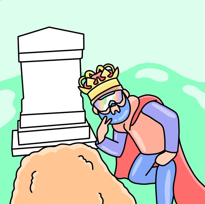 A cartoon king wearing a crown, reflective sunglasses, and a cape kneels somberly beside a tombstone, appearing to mourn. The mournful imagery ties directly to the post's lament about being metaphorically "down in the grave" alongside other NFTs that have lost value.